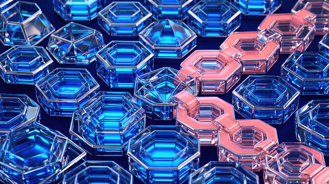Colorful geometric shapes in blue and pink arranged on a dark surface for a modern design composition