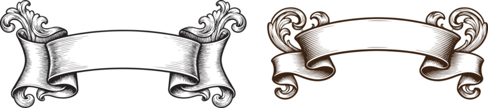 Vintage engraved ribbon banners with ornate acanthus leaf scrolls and hand-drawn woodcut style decorative frames for labels and certificates