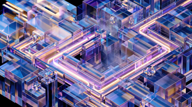 Colorful geometric shapes fill a digital space with glowing lines forming pathways in a 3D design