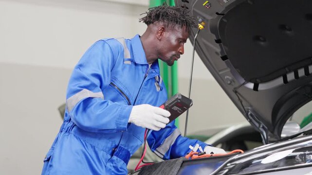 Automotive expert conducting battery analysis in a workshop environment for vehicle maintenance