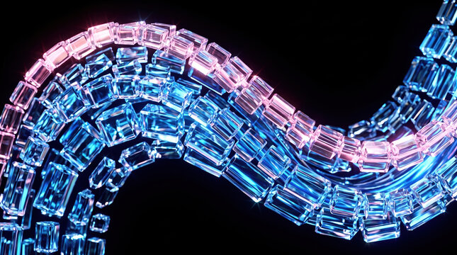 Colorful glass pieces form a flowing pattern on a black background, showcasing vibrant pink and blue tones with a dynamic shape