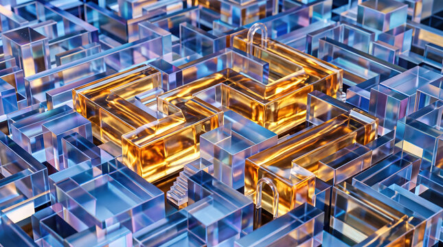 Colorful glass maze with golden accents in a complex arrangement of blocks
