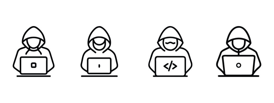 Hacker line icons set, computer programmer, cyber security crime, anonymous coder laptop  vector illustration with editable stroke.