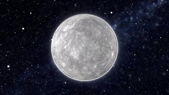 Realistic animation of the glowing planet mercury rotating and zooming in against a dark starry galaxy deep space background for scifi