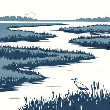 A serene of a winding river flowing through a coastal salt marsh with a single white heron standing in the foreground grass