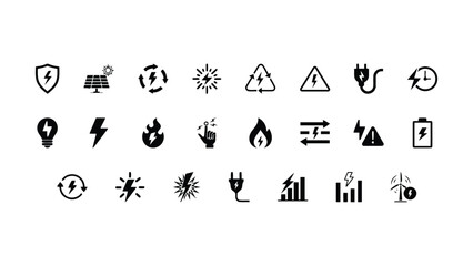 Obraz premium Collection of various black electricity and energy icons on white background