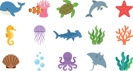 Cute Sea Creatures Icon Set Featuring Colorful Marine Animals and Ocean Life Symbols for Children Book Illustrations, Educational Designs, and Web Graphics © Lota