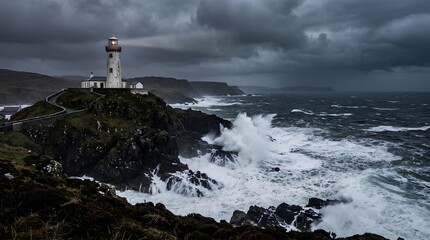 A lighthouse stands on rugged sea cliffs as storm clouds gather and waves crash below, ideal for travel, safety, weather, and coastal adventure themes. © Julekha