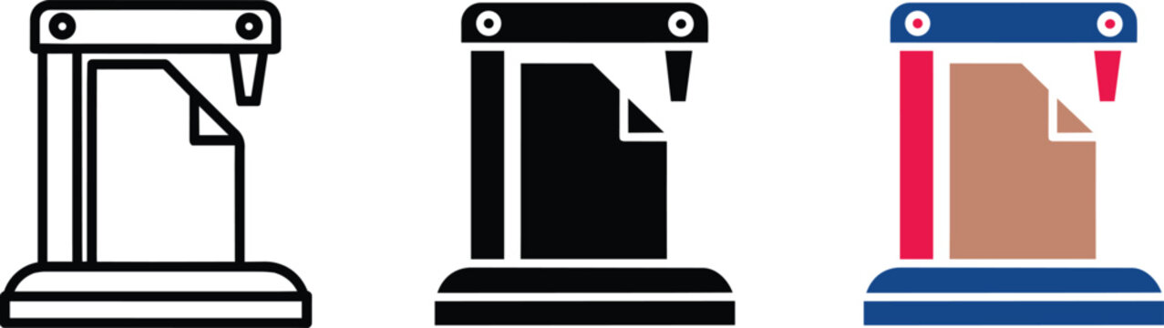 Paper punch machine icons in outline, glyph, and flat color styles representing document processing, binding, and office equipment and hole icon