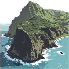 Dramatic mountain cliff overlooking the ocean with green vegetation and rocky shoreline, hand drawn coastal landscape © MST SAHIDA  BEGUM 