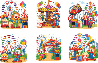 Fototapeta premium Cute cartoon carnival amusement park collection with clowns rides and festive fair attractions