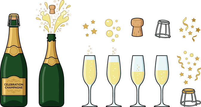Celebration champagne bottle popping vector illustration set with sparkling wine glasses corks stars and confetti isolated on white background