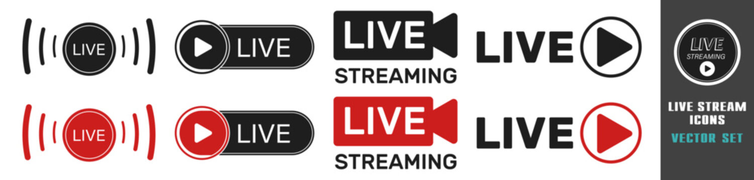 Live streaming icon set with play buttons and broadcast signals on transparent background