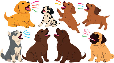 Cute barking puppies vector illustration set featuring husky retriever pug dalmatian and labrador dogs howling isolated on white background © MstHura