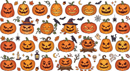 Fototapeta premium Halloween Jack O Lantern Pumpkin Vector Set with Scary Face Expressions and Autumn Spooky Elements for Holiday Cards, Stickers, and Party Graphic Designs