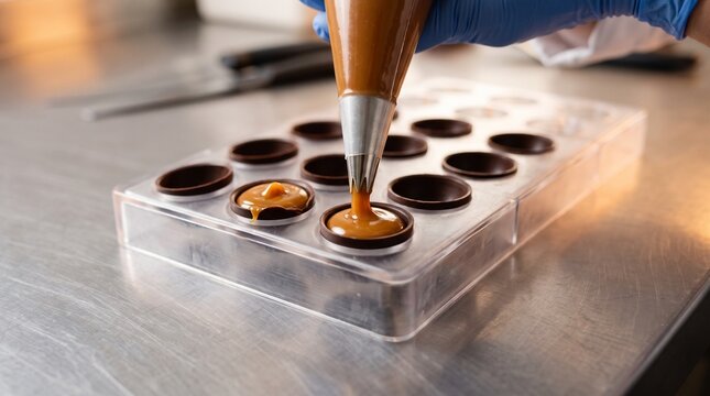 Filling chocolate shells caramel, Caramel ganache bonbon process, Artisan confectionery close up, Luxury handmade chocolate production, Clean pastry workshop