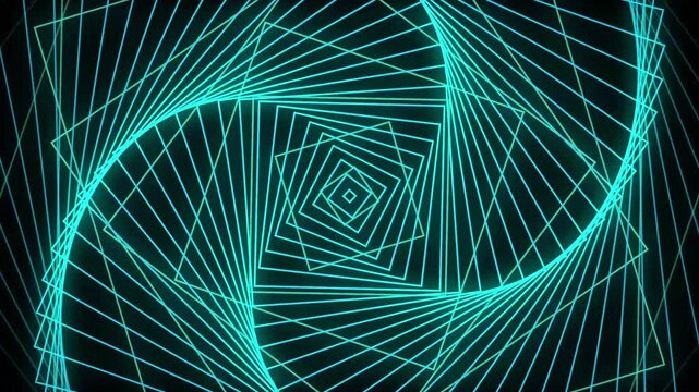 Abstract Cyan Neon Geometric Spiral Background with Rotating Square Lines, Futuristic Loop Animation