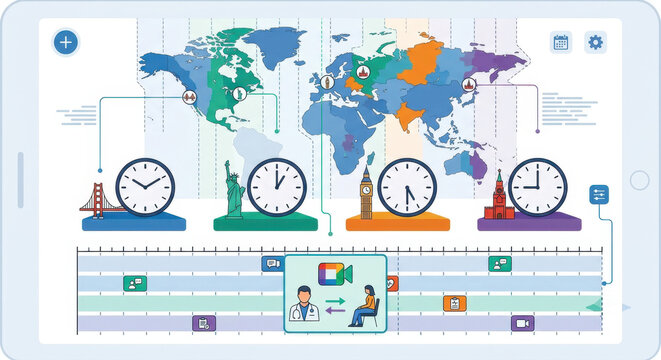 Global ops dashboard; time zones, SLAs; capacity, wait times; uptime, latency; cross‑border compliance.