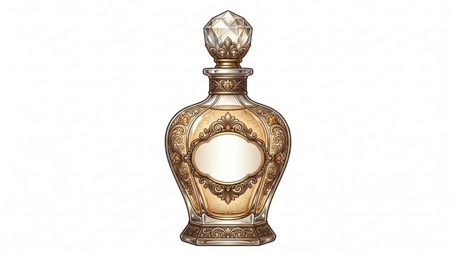 Elegant perfume bottle with ornate details and clear liquid