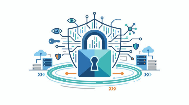 A blue and teal graphic depicting a padlock surrounded by servers clouds and various security symbols on a white backg
