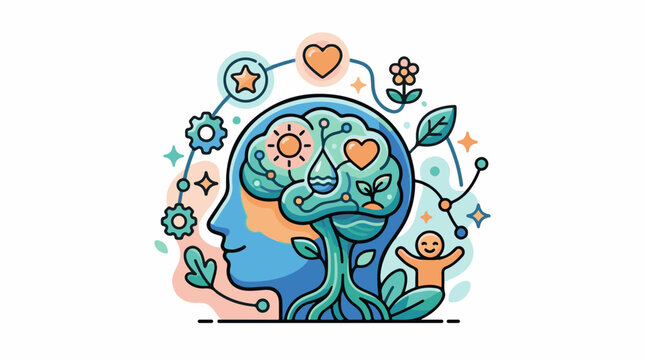 A colorful illustration of a human head with a tree growing out of the brain