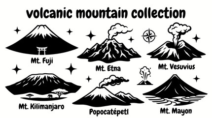 Volcanic mountains featuring fuji etna vesuvius kilimanjaro mayon popocatepetl and remarkable volcanic peaks arranged as a premium commercial vector illustration set for educational and tourism © Ethan