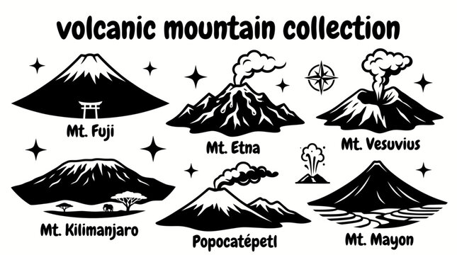 Volcanic mountains featuring fuji etna vesuvius kilimanjaro mayon popocatepetl and remarkable volcanic peaks arranged as a premium commercial vector illustration set for educational and tourism