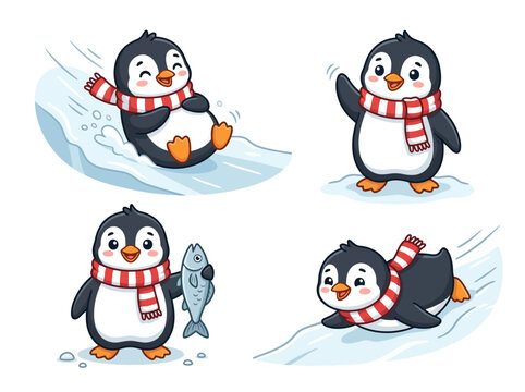 Four cute cartoon penguins wearing red and white striped scarves in various winter activities.