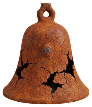 Old rusty broken metal bell with cracks and weathered aged surface on a transparent backdrop