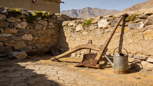 Antique wooden plow and metal watering can in a dry dusty farmyard with stone walls
