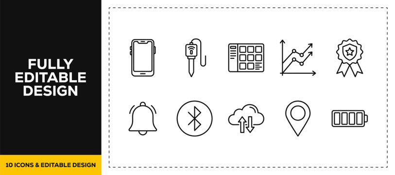flat vector illustration line art icon bundle set design depicting smart device connectivity network links internet locations digital alarm bells and cloud database UI