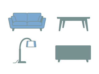 Fototapeta premium A set of four minimalist furniture icons including a sofa table lamp and cabinet.