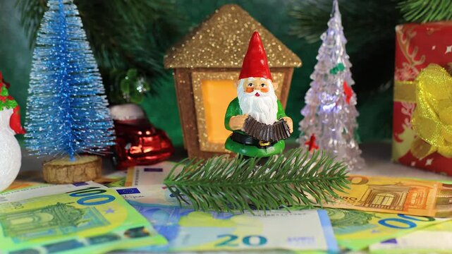 Among the Christmas trees, a snowman with a red car and a gnome near a Christmas lantern and euro bills