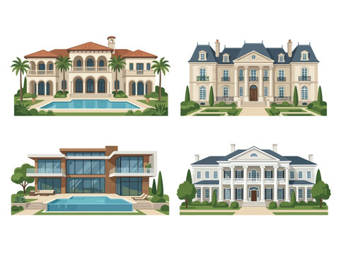 A collection of four distinct luxury mansion architectural styles with pools and gardens.