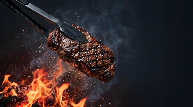 Seared steak barbecue food close up of grilled beef tenderloin with flames and smoke