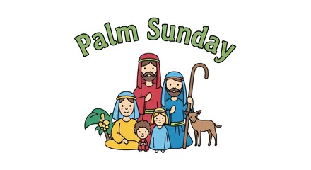 Fototapeta premium Palm Sunday cartoon family scene.