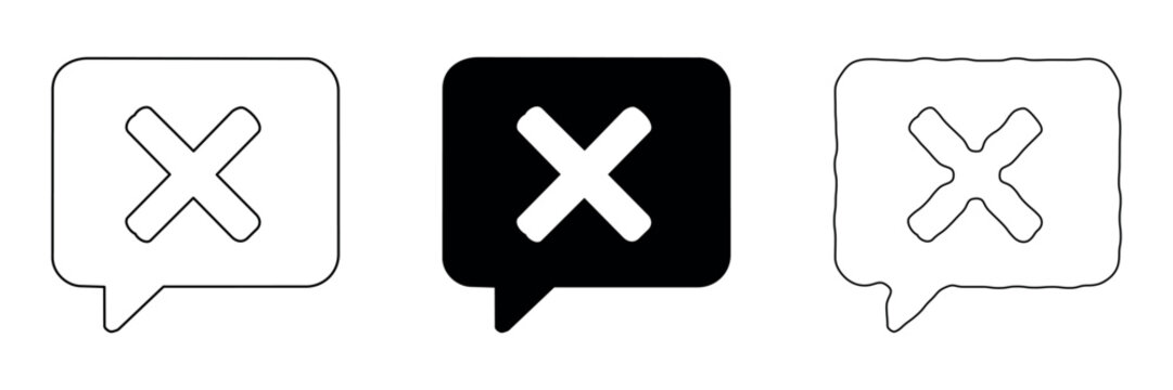 Set of three cross icons in speech bubbles, representing rejection or error