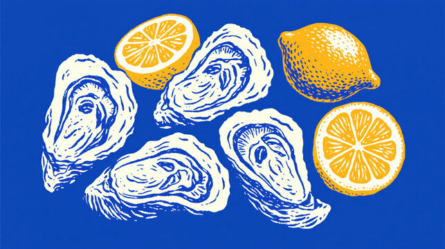 watercolor oysters and lemon slices isolated botanical seafood illustration
