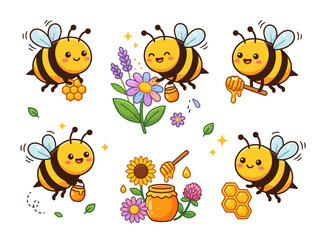 Fototapeta premium A collection of cute cartoon bees with honey pots and flowers.