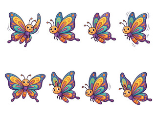 Obraz premium A collection of eight colorful cartoon butterflies in various flying poses.