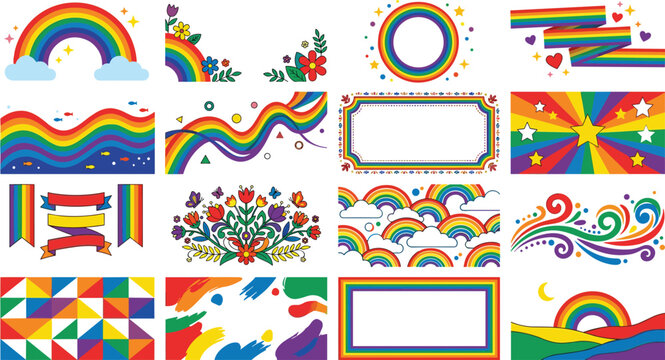 Rainbow Graphic Design Template Set with Borders, Frames, Backgrounds, and Floral Patterns for Pride Month Celebrations, Greeting Cards, and Banner Layouts