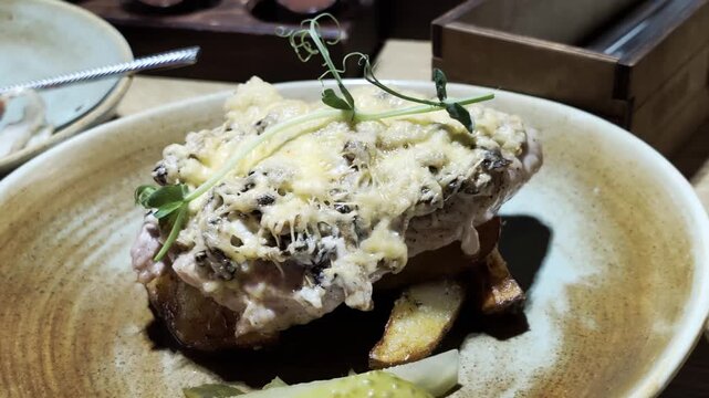 Baked potato dish with creamy mushroom topping, melted cheese, and fresh microgreen garnish on a rustic ceramic plate, accompanied by sliced pickles, served indoors at a restaurant.