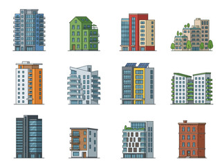 Fototapeta premium A collection of twelve diverse modern apartment buildings and residential architecture illustrations.
