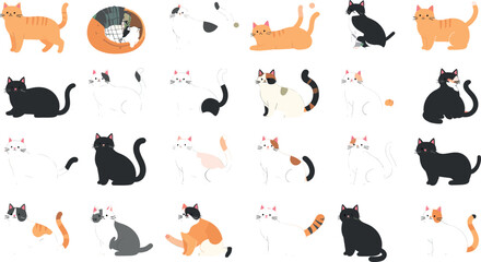 Cute cat cartoon vector character set featuring domestic kittens in different poses sleeping playing stretching and sitting, isolated graphic design elements for pet lovers. © MstHura