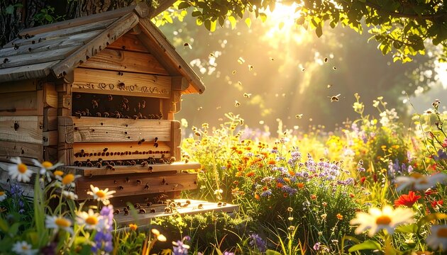 Busy Honey Bees Swarming Around Wooden Beehive in Sunlit Wildflower Garden