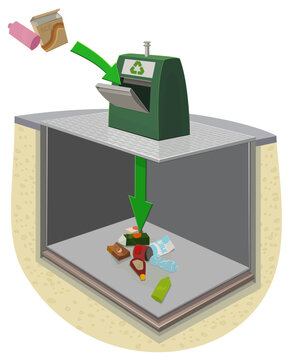 Cross section diagram showing the action of throwing plastic bottles and cardboard boxes into an underground sorting container for smart city ecological waste management (cut out)