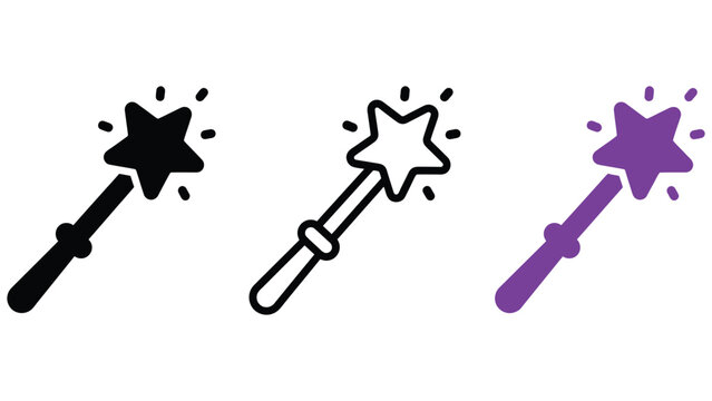 Magic wands with star on top in black white and purple colors