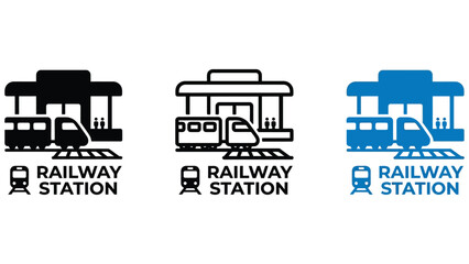 Railway station logos with train and platform in different colors  railway station icons © Rina