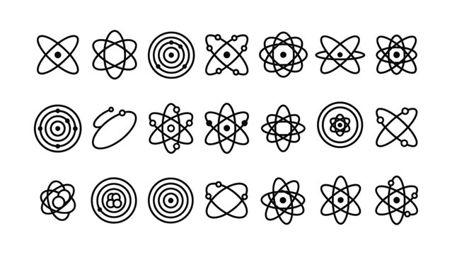 Collection of various atom and molecular structure icons in black lines on a transparent background for science and education use