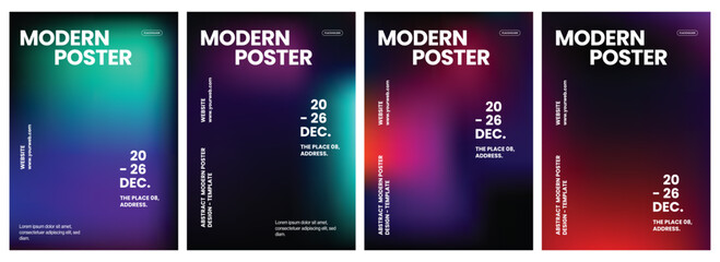 Set of four modern vertical poster templates featuring vibrant gradient backgrounds with bold white typography for corporate business events or artistic social media marketing campaign designs © Sameer